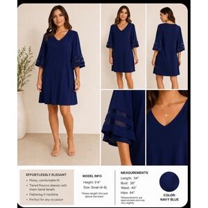 Umgee oversized Small Navy Blue V-Neck Bell Sleeve Mini Shift Dress H3193